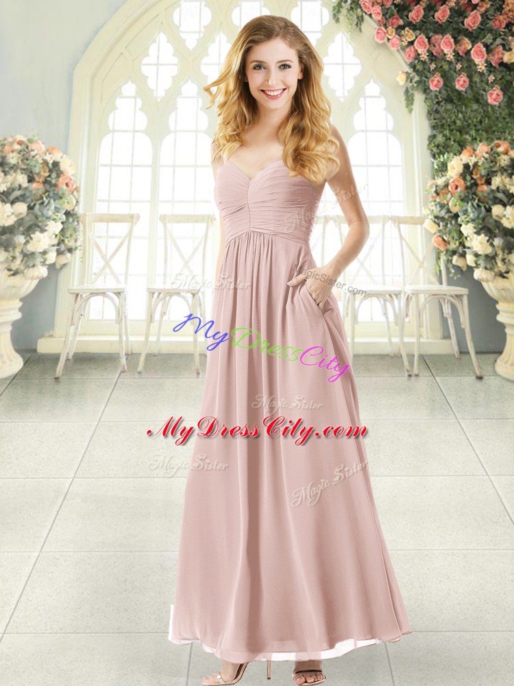 Lovely Ankle Length Pink Evening Dress Spaghetti Straps Sleeveless Criss Cross