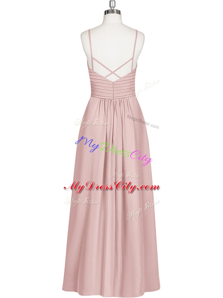 Lovely Ankle Length Pink Evening Dress Spaghetti Straps Sleeveless Criss Cross