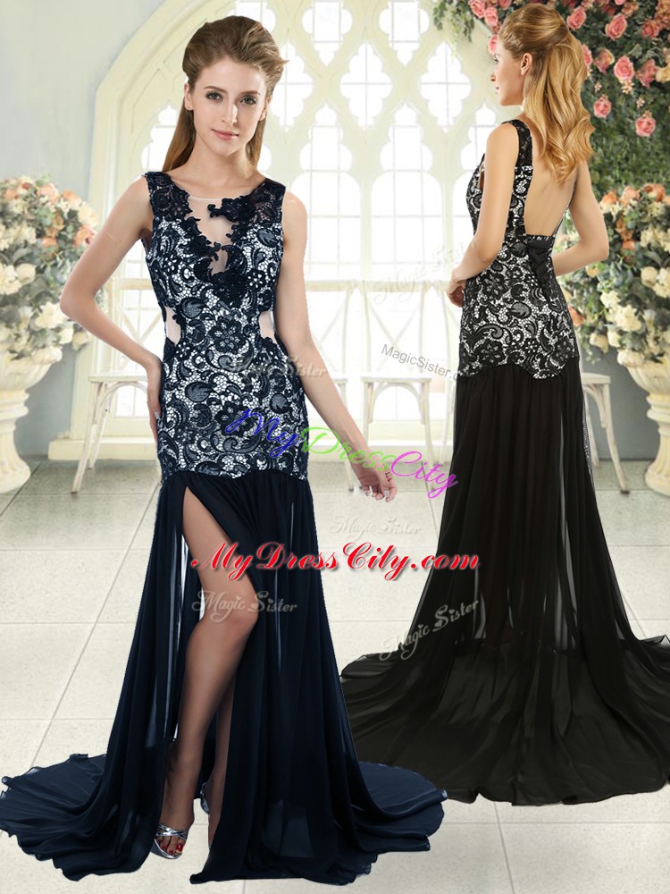 Lovely Navy Blue Chiffon Backless Dress for Prom Sleeveless Brush Train Lace