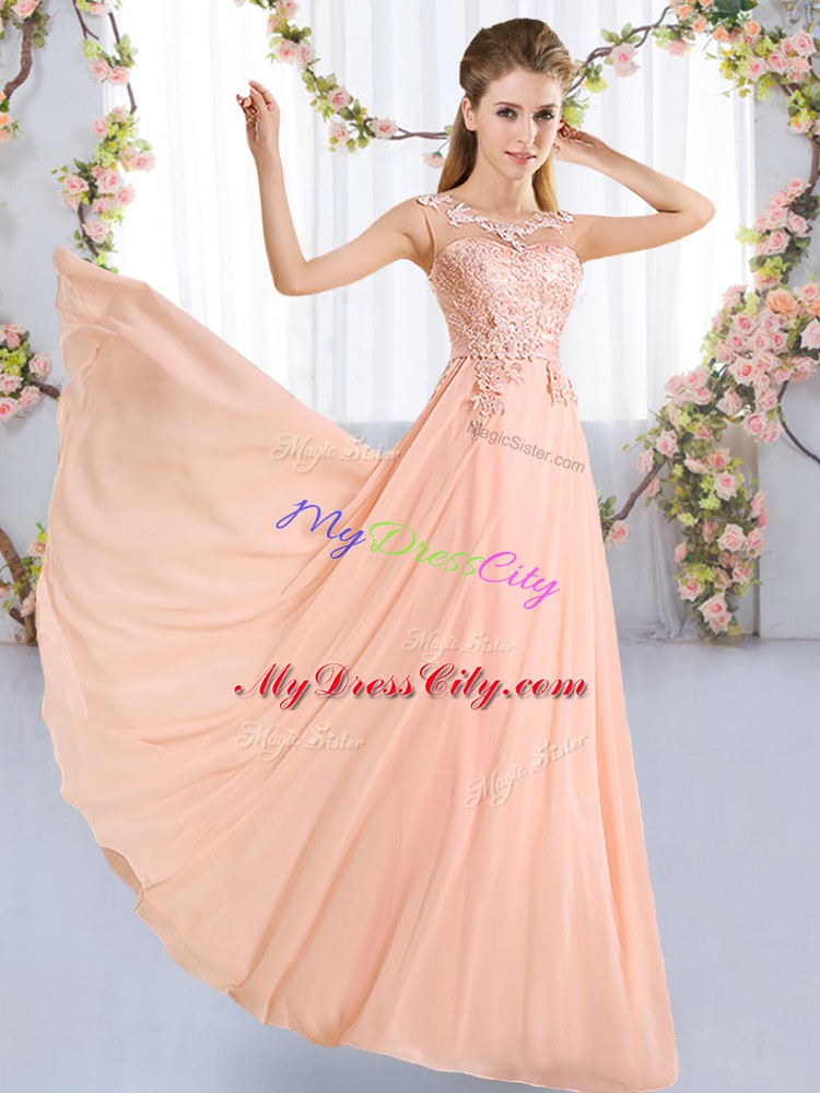 Inexpensive Peach Scoop Lace Up Lace Bridesmaid Dress Sleeveless