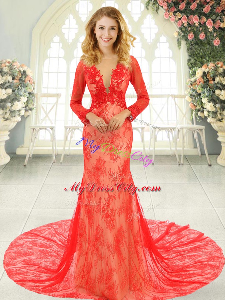 Inexpensive Red Tulle Backless Evening Dress Long Sleeves Court Train Lace