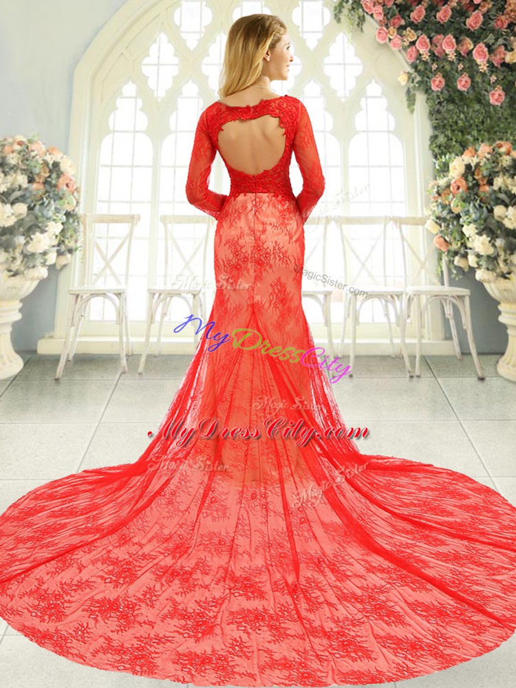 Inexpensive Red Tulle Backless Evening Dress Long Sleeves Court Train Lace