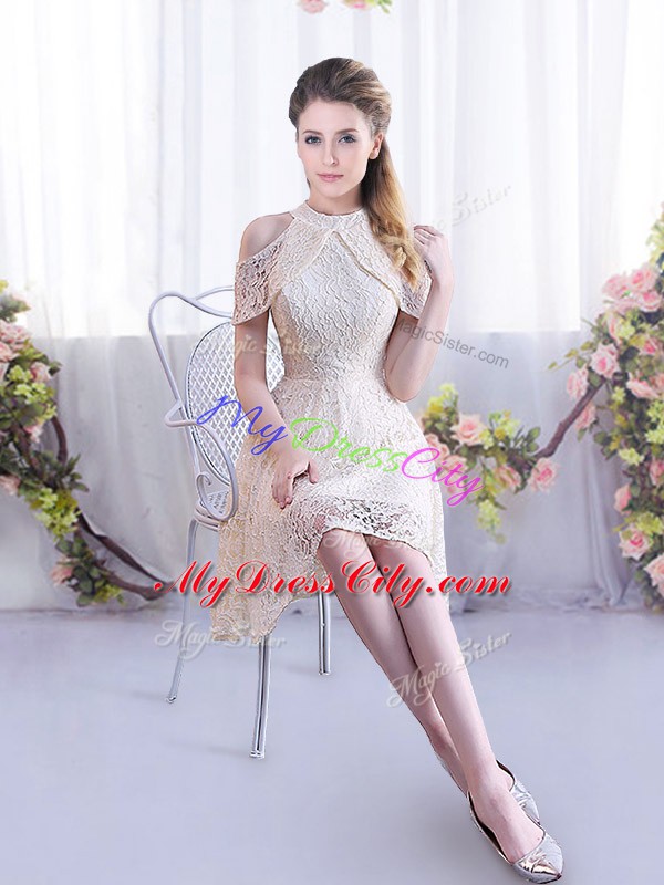 Sweet Champagne Empire Scoop Short Sleeves Lace Mini Length Lace Up Wedding Party Dress