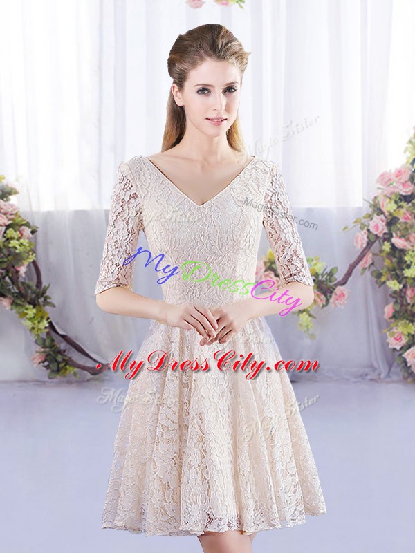 Sweet Champagne Empire Scoop Short Sleeves Lace Mini Length Lace Up Wedding Party Dress