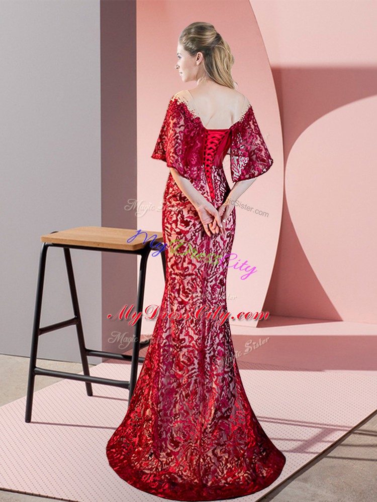 Red Half Sleeves Lace Lace Up Evening Dress