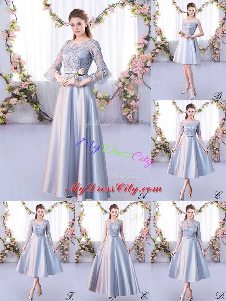 Glittering Silver Satin Lace Up Dama Dress 3 4 Length Sleeve Floor Length Lace