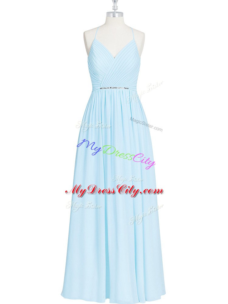 Light Blue Empire Ruching and Pleated Zipper Chiffon Sleeveless Floor Length