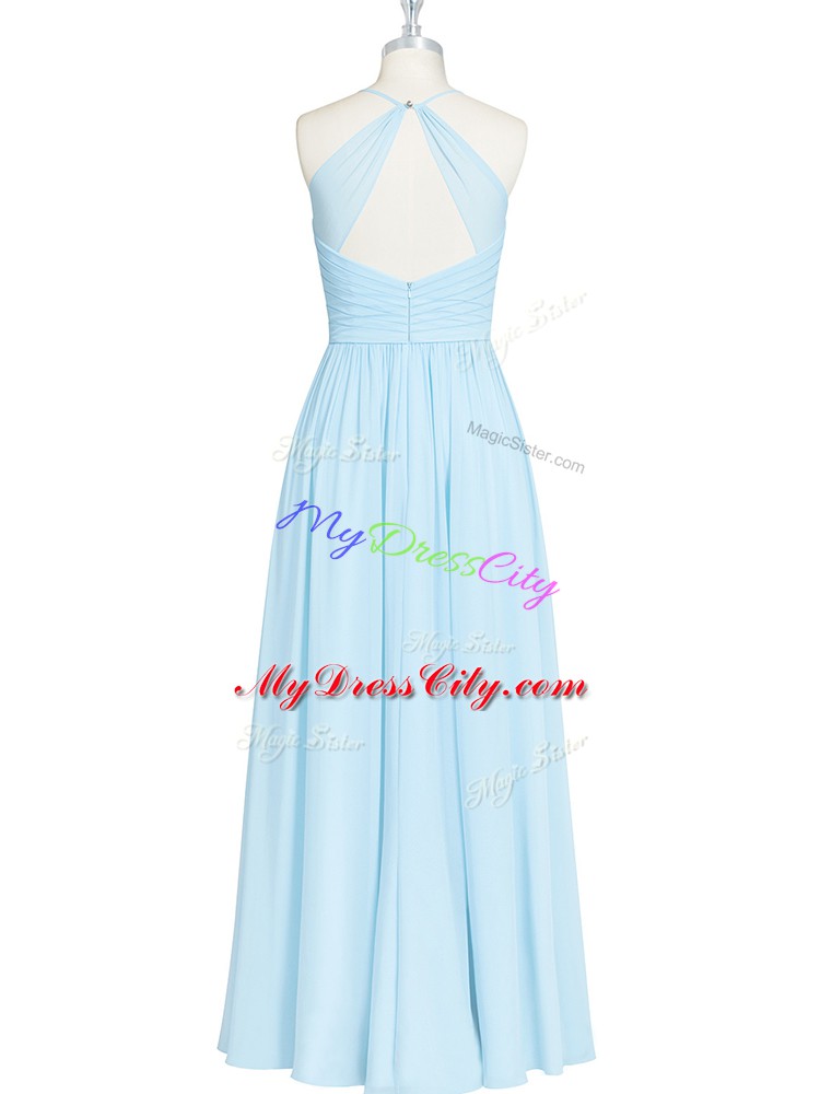 Light Blue Empire Ruching and Pleated Zipper Chiffon Sleeveless Floor Length