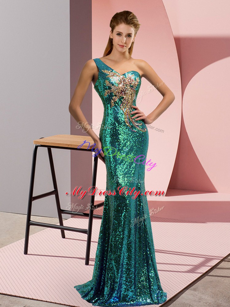 Sequined One Shoulder Sleeveless Sweep Train Lace Up Beading Dress for Prom in Green