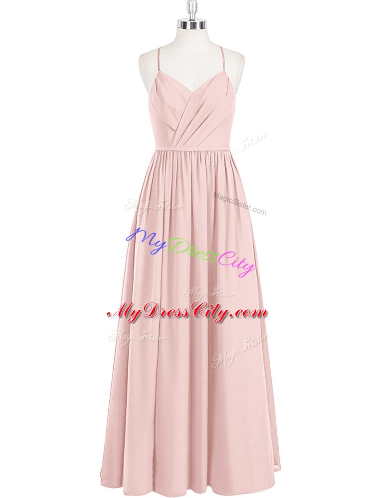 On Sale Pink Chiffon Criss Cross Spaghetti Straps Sleeveless Floor Length Ruching