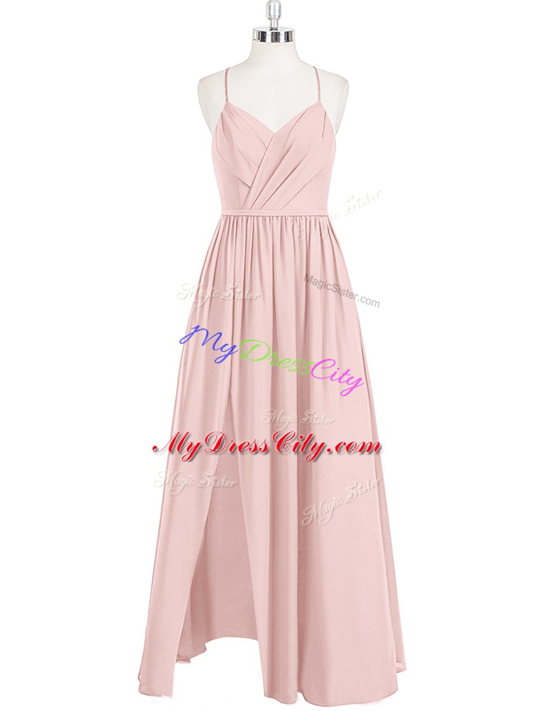 On Sale Pink Chiffon Criss Cross Spaghetti Straps Sleeveless Floor Length Ruching