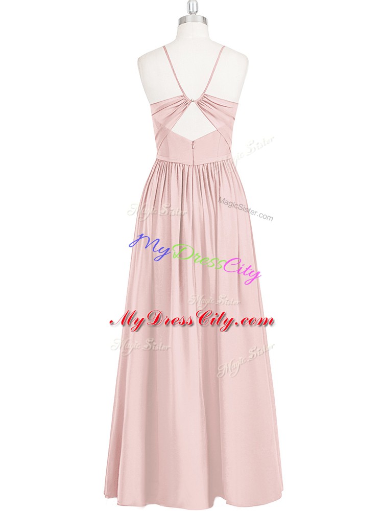 On Sale Pink Chiffon Criss Cross Spaghetti Straps Sleeveless Floor Length Ruching