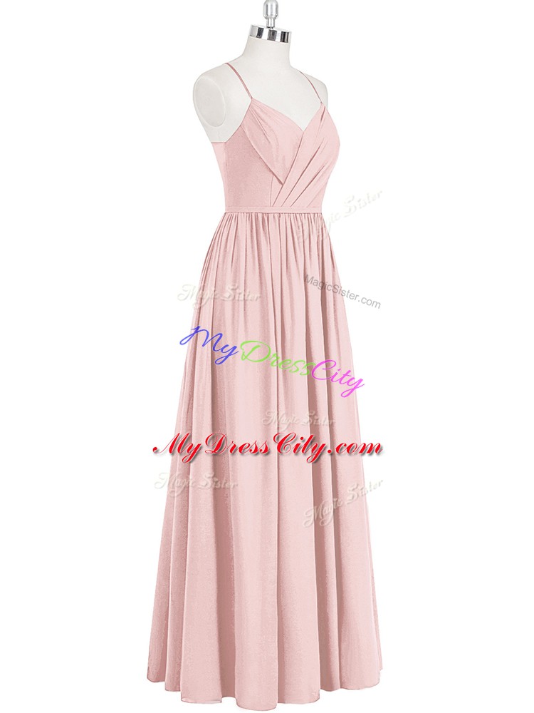 On Sale Pink Chiffon Criss Cross Spaghetti Straps Sleeveless Floor Length Ruching