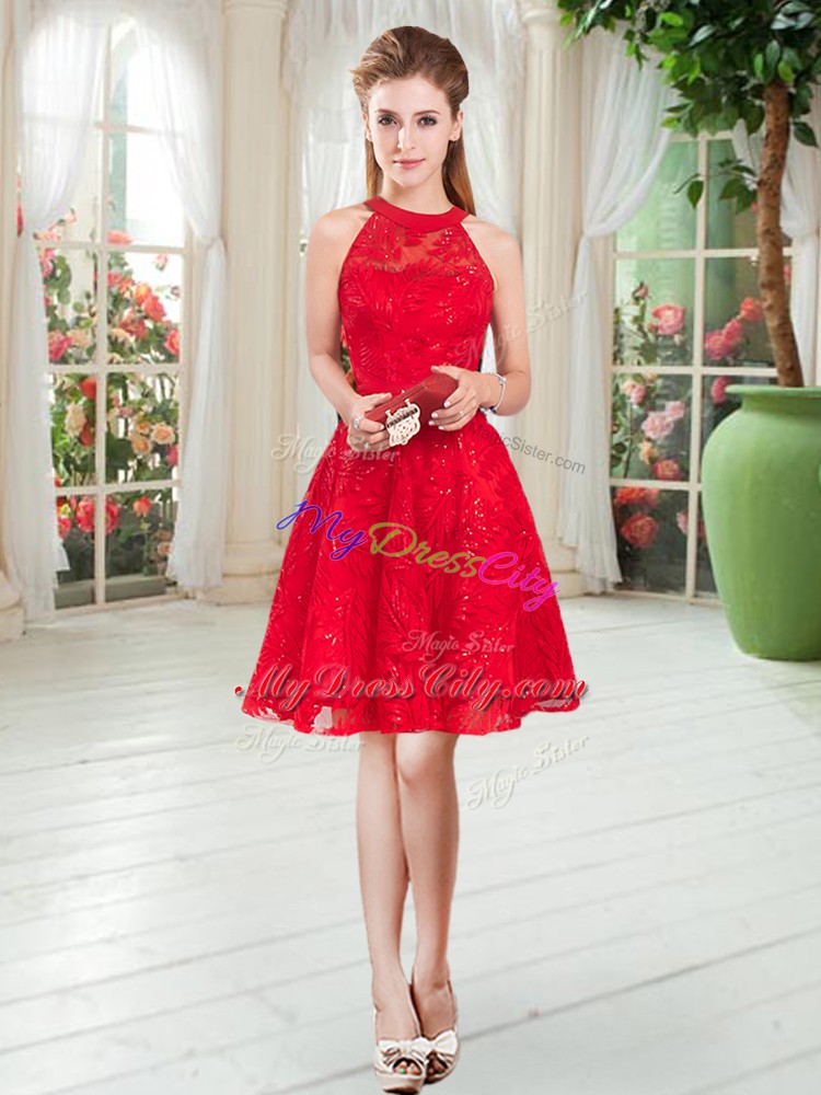 Best Selling Red A-line Lace Evening Dress Zipper Sleeveless Knee Length