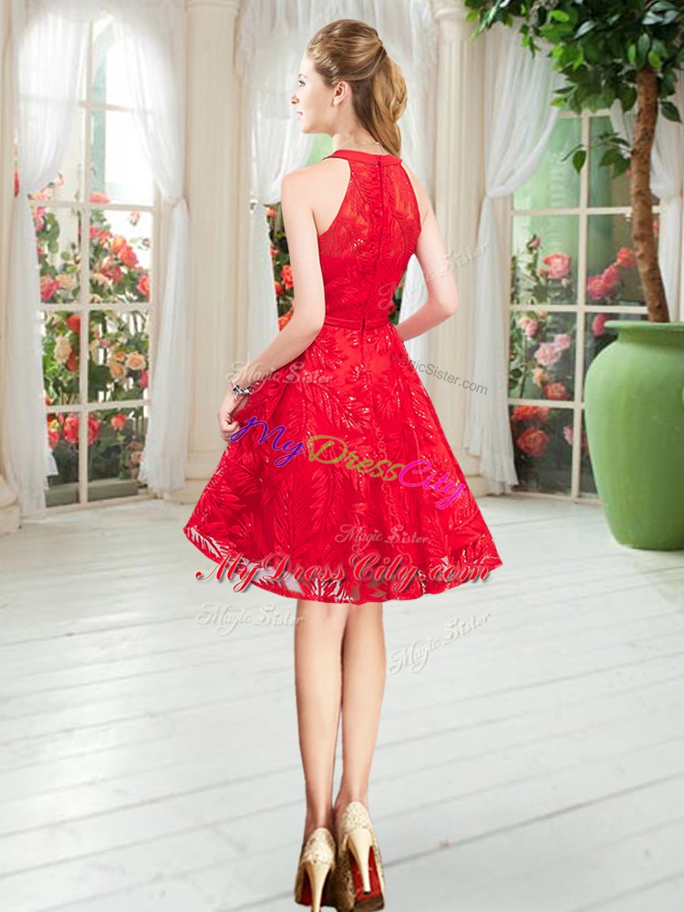 Best Selling Red A-line Lace Evening Dress Zipper Sleeveless Knee Length