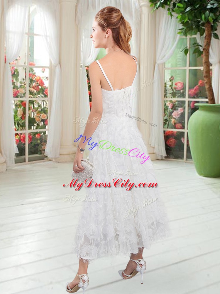 Enchanting White A-line Straps Sleeveless Ruffles Tea Length Zipper Prom Gown