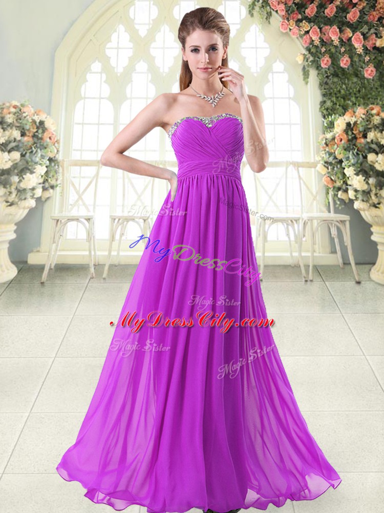 Sweetheart Sleeveless Prom Gown Floor Length Beading Purple Chiffon