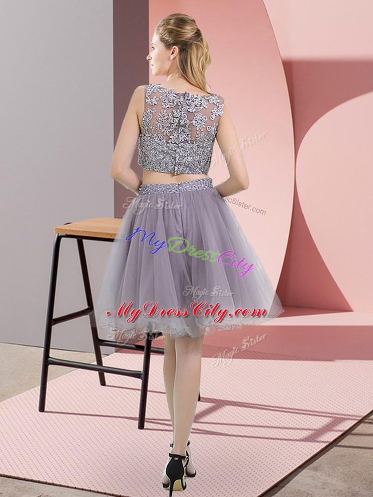 Grey Sleeveless Beading and Lace Prom Dress