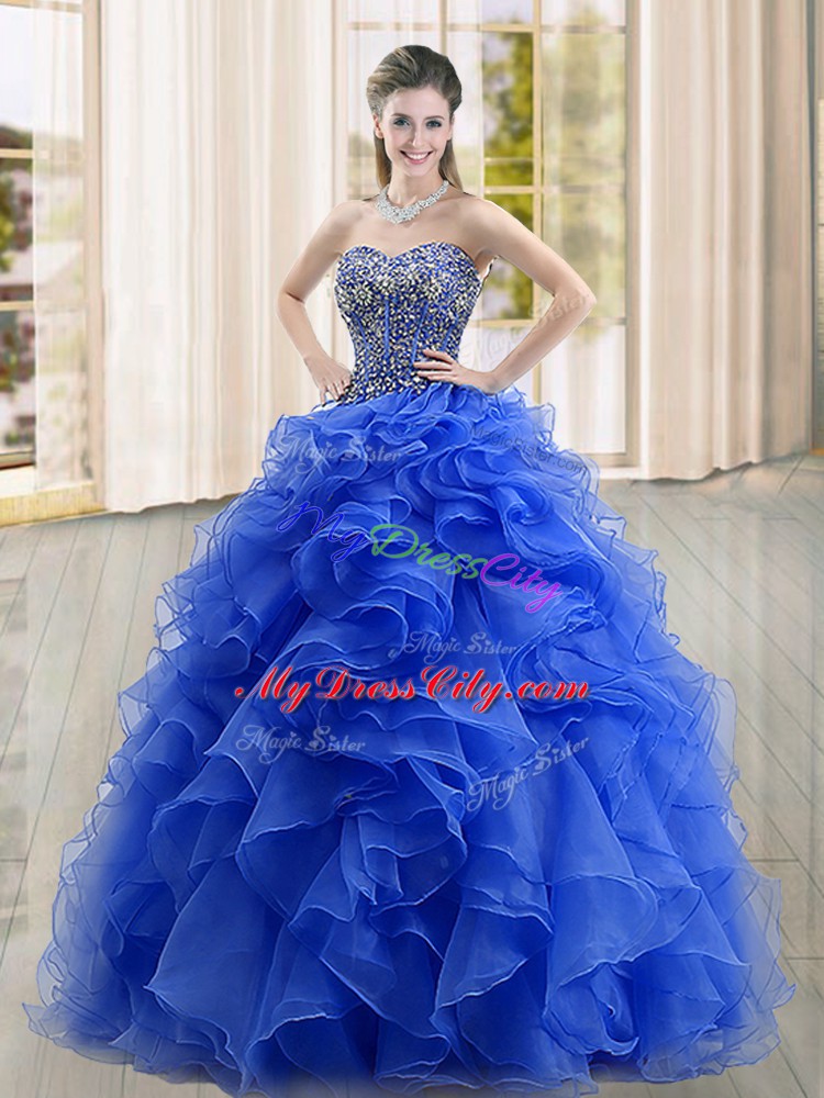 Sleeveless Floor Length Beading and Ruffles Lace Up 15 Quinceanera Dress with Blue