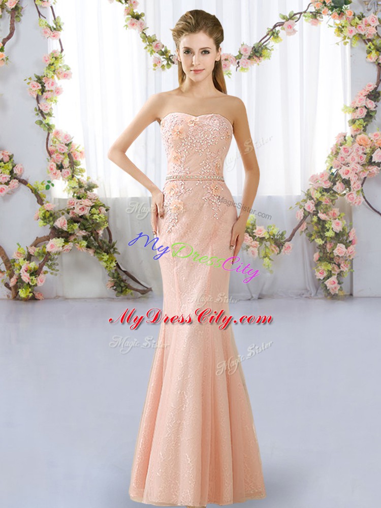 Custom Made Sweetheart Sleeveless Bridesmaids Dress Floor Length Beading Peach Lace