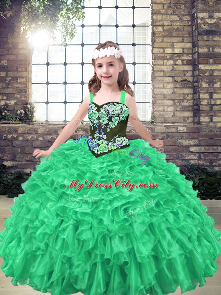 Straps Sleeveless Organza Pageant Dress for Girls Embroidery and Ruffles Lace Up