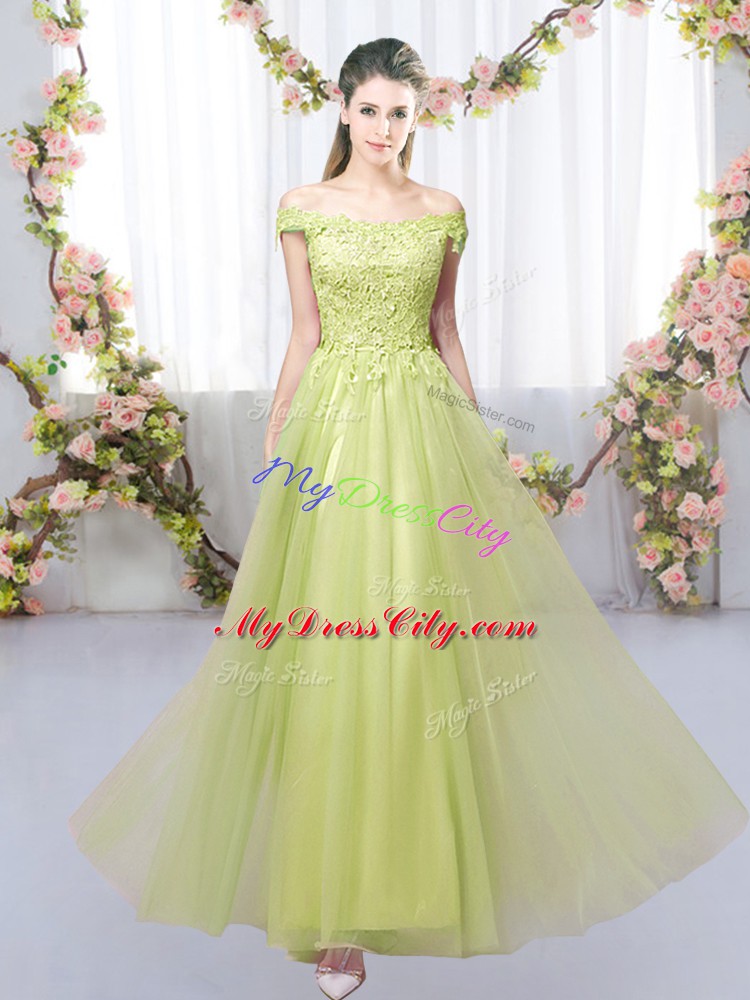 Yellow Green Tulle Lace Up Bridesmaid Dress Sleeveless Floor Length Lace