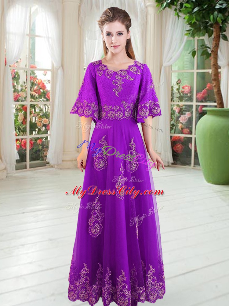 Half Sleeves Floor Length Lace Lace Up with Purple