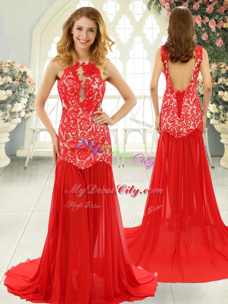 Fancy Red Backless Scoop Lace Prom Dress Chiffon Sleeveless Brush Train