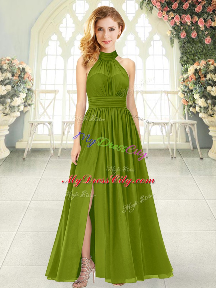 Inexpensive Empire Evening Dress Olive Green Halter Top Chiffon Sleeveless Ankle Length Zipper