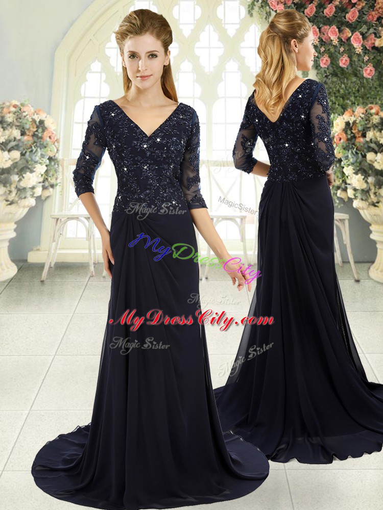 Glorious Half Sleeves Sweep Train Beading and Lace and Appliques Zipper Dress for Prom