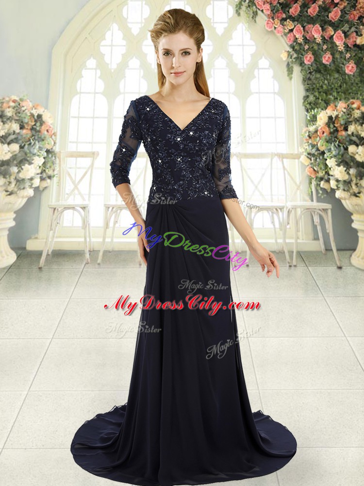 Glorious Half Sleeves Sweep Train Beading and Lace and Appliques Zipper Dress for Prom