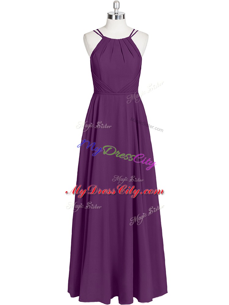 Superior Eggplant Purple Empire Chiffon Straps Sleeveless Ruching Floor Length Zipper Evening Dress