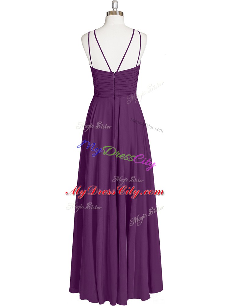 Superior Eggplant Purple Empire Chiffon Straps Sleeveless Ruching Floor Length Zipper Evening Dress