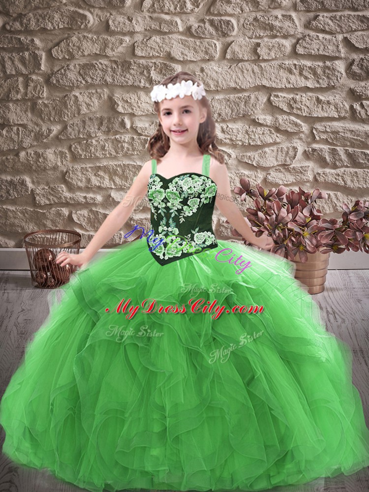 Green Lace Up Pageant Gowns Embroidery and Ruffles Sleeveless Floor Length