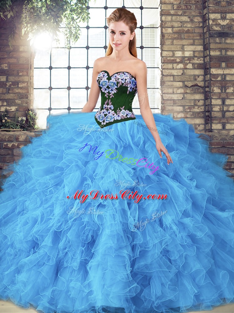 Fashionable Beading and Embroidery Sweet 16 Quinceanera Dress Baby Blue Lace Up Sleeveless Floor Length