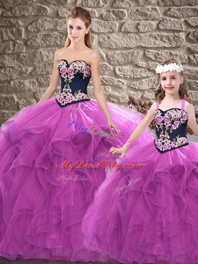 Purple Tulle Lace Up Sweet 16 Dresses Sleeveless Floor Length Beading and Embroidery