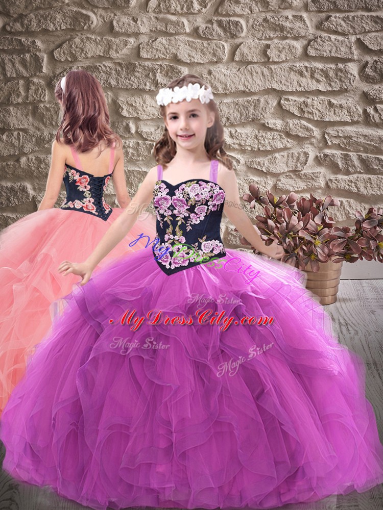 Purple Tulle Lace Up Sweet 16 Dresses Sleeveless Floor Length Beading and Embroidery