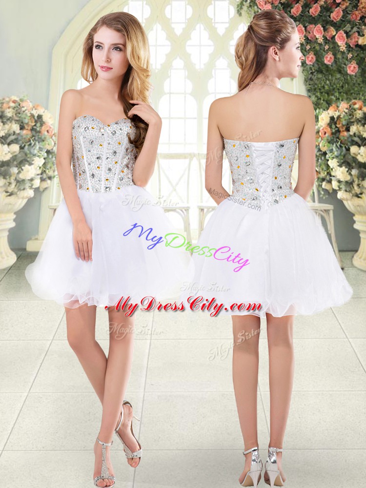 Best White Sleeveless Beading Mini Length Prom Gown