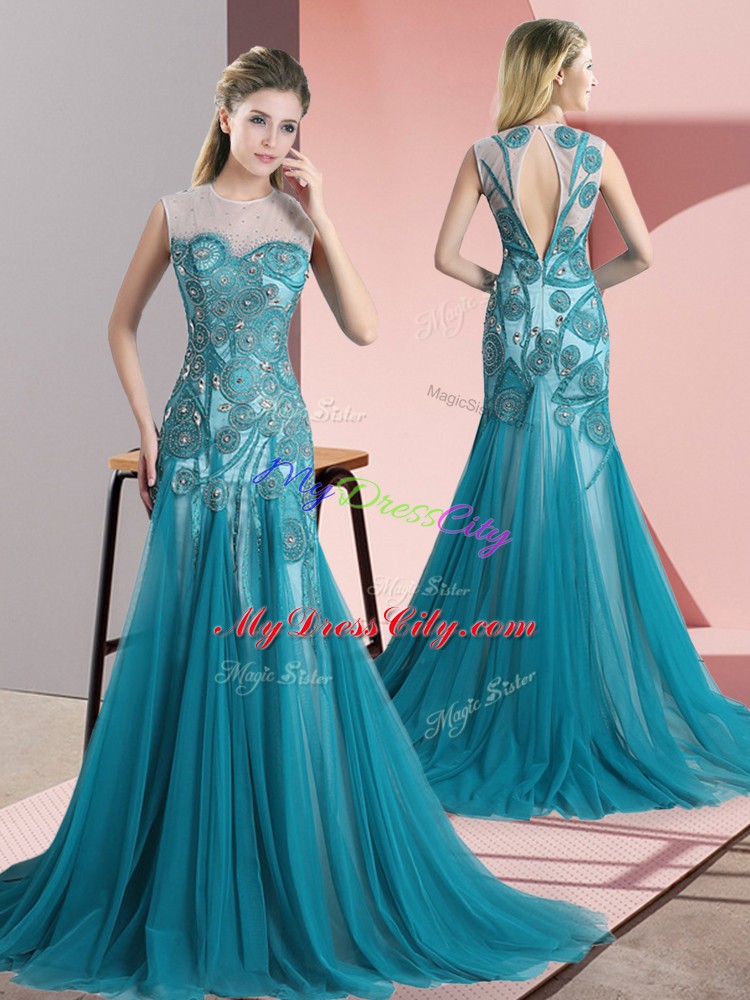 Sweep Train A-line Evening Gowns Teal Scoop Tulle Sleeveless Backless