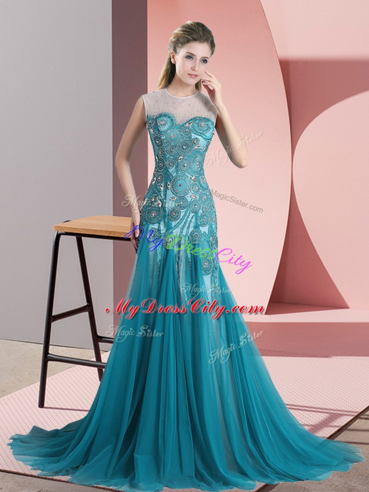 Sweep Train A-line Evening Gowns Teal Scoop Tulle Sleeveless Backless