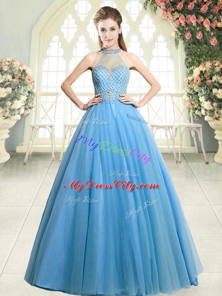 Simple Floor Length Zipper Prom Gown Blue for Prom and Party with Beading