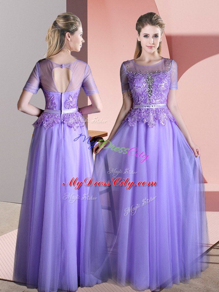 Elegant Lavender Scoop Neckline Beading and Lace Short Sleeves Backless