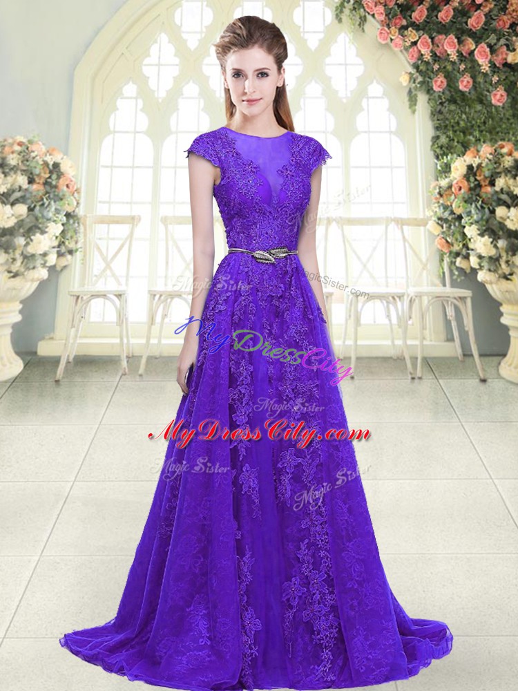 Purple A-line Lace and Appliques Evening Dress Zipper Tulle Cap Sleeves