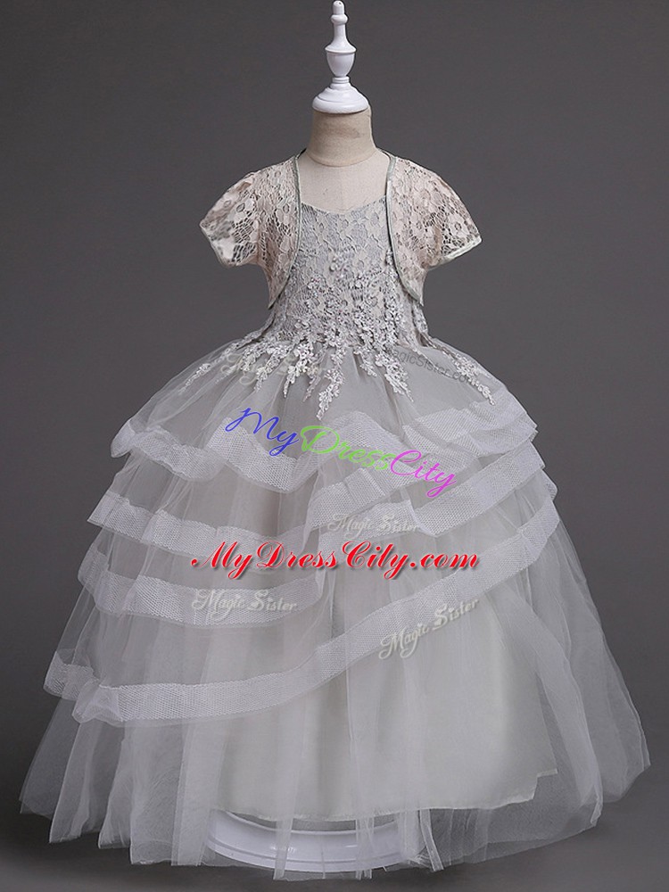 Chic Spaghetti Straps Sleeveless Toddler Flower Girl Dress Floor Length Appliques and Ruffled Layers Grey Tulle