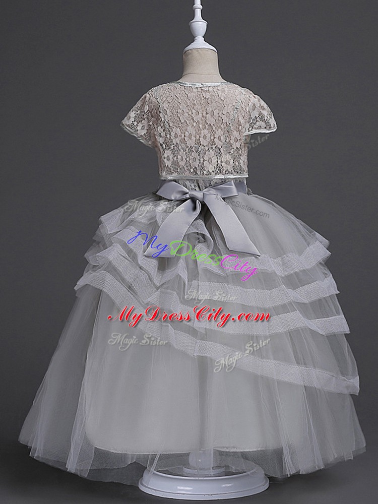 Chic Spaghetti Straps Sleeveless Toddler Flower Girl Dress Floor Length Appliques and Ruffled Layers Grey Tulle