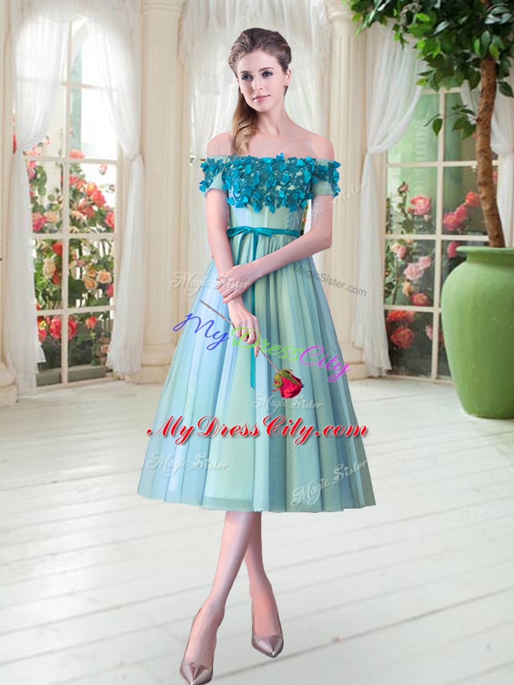 Graceful Aqua Blue Tulle Lace Up Off The Shoulder Sleeveless Tea Length Prom Gown Appliques