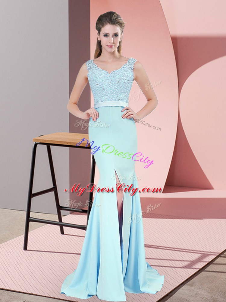 Blue Zipper V-neck Beading and Lace Evening Dress Chiffon Sleeveless Sweep Train