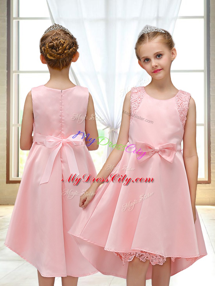 New Arrival Scoop Sleeveless Flower Girl Dress High Low Lace and Bowknot Pink Satin