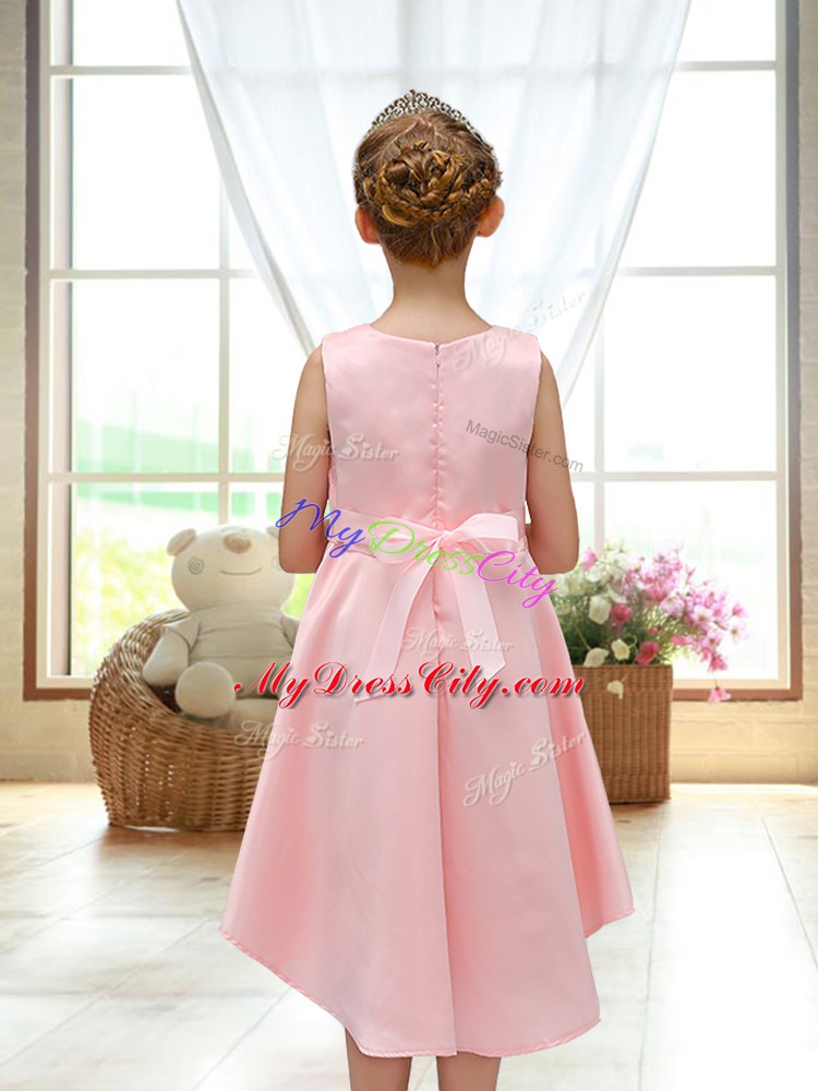 New Arrival Scoop Sleeveless Flower Girl Dress High Low Lace and Bowknot Pink Satin