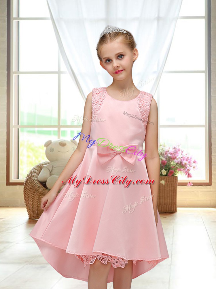 New Arrival Scoop Sleeveless Flower Girl Dress High Low Lace and Bowknot Pink Satin